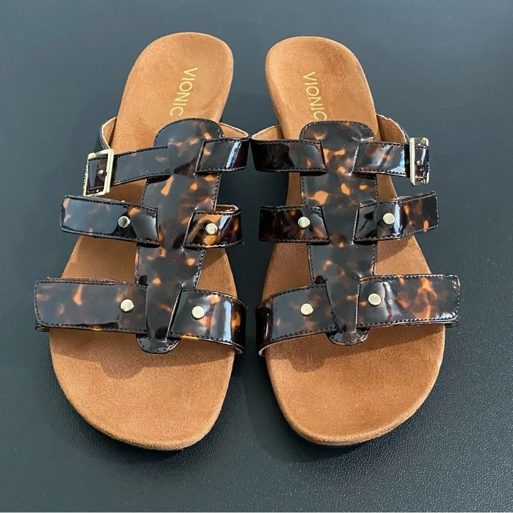 New Vionic Radia Wedge Heel Sandals Size 10 Tortoise Shell Black Brown Ajustable
